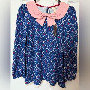 NWT New Holiday Matilda Jane Pink and Blue Blouse with Bow Floral Top Cotton